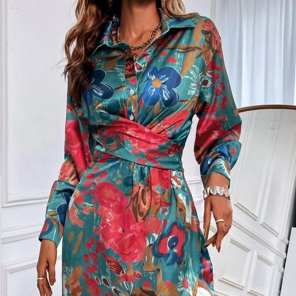 . Dresses & Skirts - Multicolor Casual Womens Floral Print Tie Back Shirt Dress